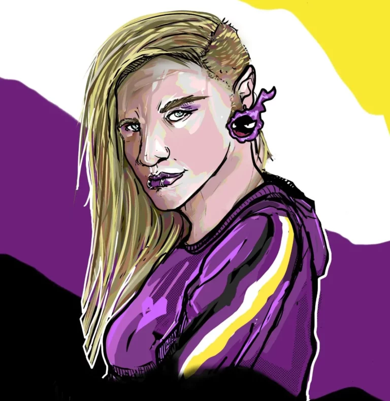Gezeichnetes Bild von Lila mit den Farben der Flagge für nicht-binäre Menschen im Hintergrund: Gelb, weiß, lila und schwarz. Lila ist weiß und hat lange blonde Haare, die an einer Seite kurz rasiert sind. Fin trägt einen lilafarbenen Pullover und hat zwei Piercingringe an der Unterlippe. An fine Ohr befindet sich ein Ohrring, der das Pokémon Nebulak zeigt.